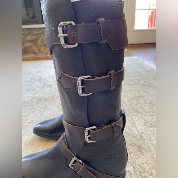 New OTBT Oiled Leather Buckled Moto Boots, black and brown size 6 - Picture 2 of 11